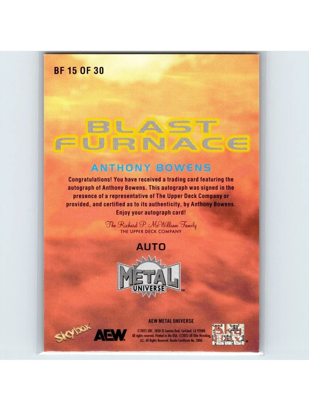 2025 AEW Metal Universe - Anthony Bowens BF15 - Blast Furnace Auto #/25